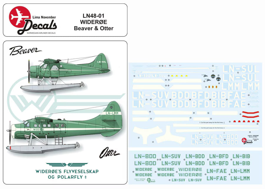 Lima November Decals 1/48 de-Havilland-Canada DHC-2 Beaver & de-Havilland-Canada DHC-3 Otter Wideroe Includes masks for the windows (Hobbycraft kits) (LN48-01)