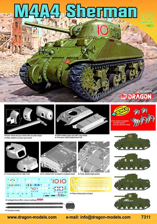 Dragon 1/72 M4A4 Sherman (w/printed bonus, vinyl tracks & reduced PE) (7311)