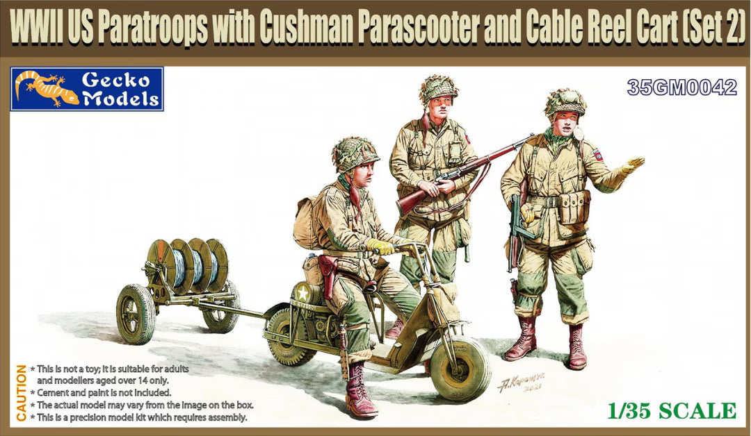 Gecko 1/35 Scooter Cushman Mod.53 w/RL-35 Cable Reel Cart Mod. 1944 & US Paratroops.  (Set 2) (35GM0042)