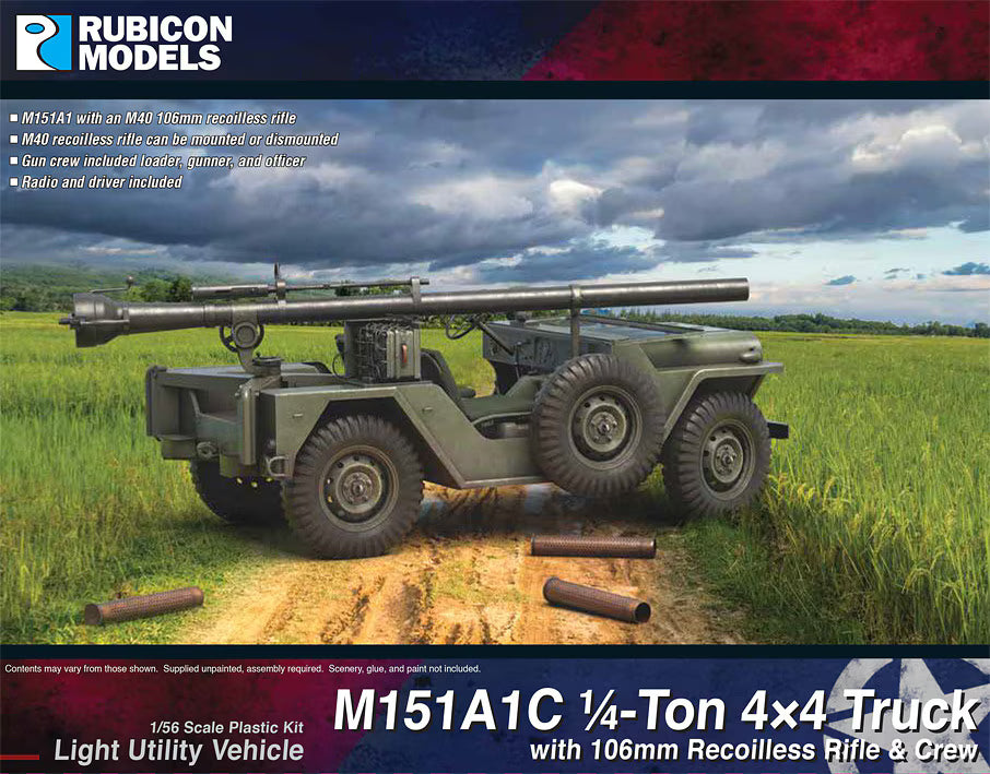 Rubicon Models 1/56 M151A1C 1/4-Ton 4x4 Truck Light Utility Vehicle with 106mm Recoilless Rifle & Crew (280125)