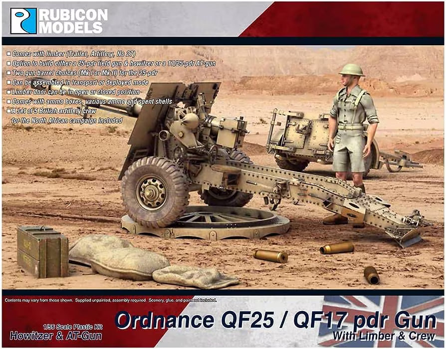 Rubicon Models 1/56 Howitzer & AT-Gun Ordnance QF 25 / QF 17 pdr Gun with Limber & Crew (280115)
