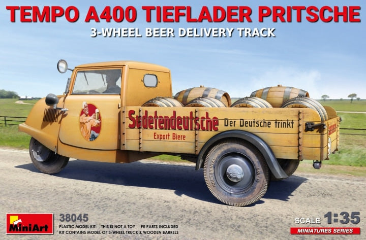 MiniArt 1/35 Tempo A400 Tieflader Pritsche 3-Wheel Beer Delivery Truck (38045)