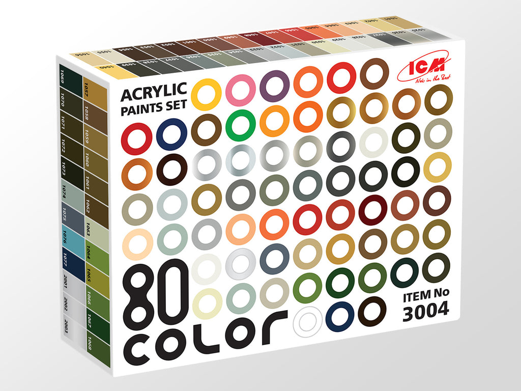 Box of ICM acrylic paints #3004 80 x set with color swatches on a white background