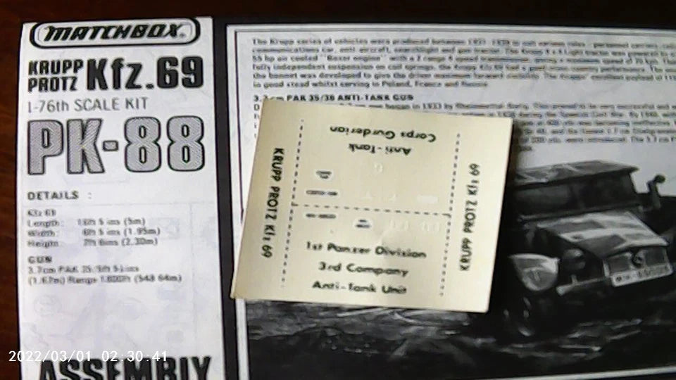 Matchbox 1/76 Krupp Protz Kfz. 69 3,7cm Panzerabwehrkanone (PK-88)
